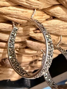 Vintage Sterling Silver Marcasite Hoop Earrings - Elegant Sparkle